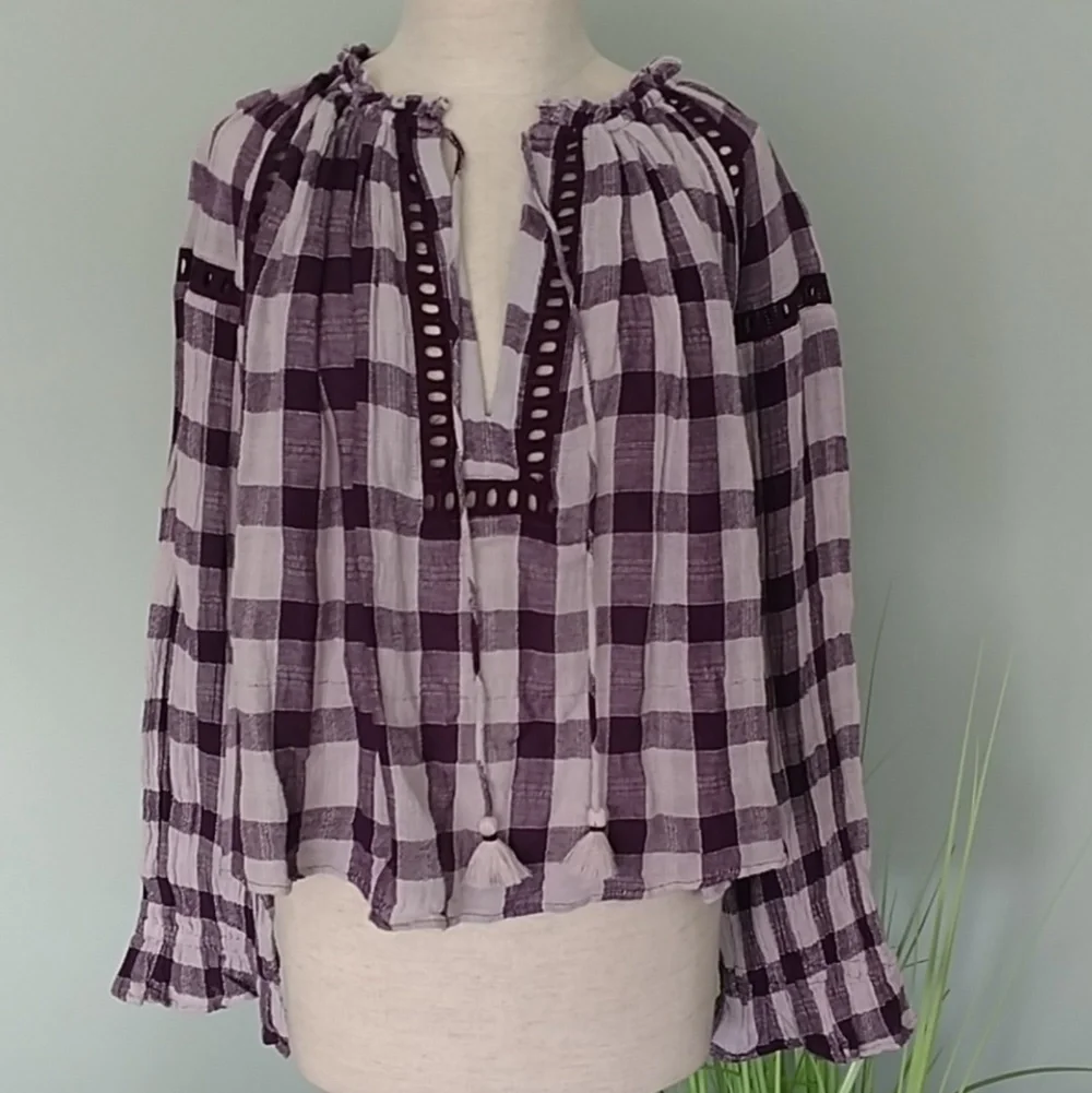Free People Blouse Peasant Plaid V-Neck Tassel Tie Gauzy Cotton Plum White M NWT